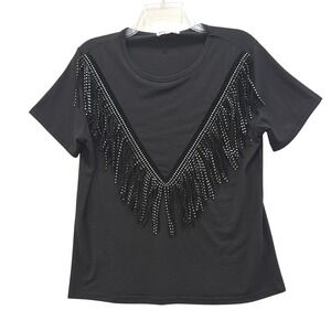 Boho Western Pesion Women's Black Silver Stud Fringe V-Neck Cotton T-Shirt L NWT
